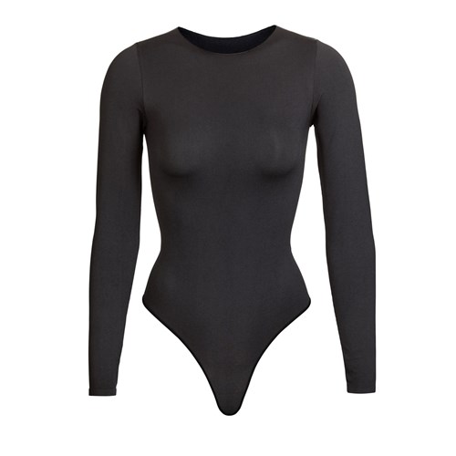 SKIMS Essential Crew Neck Long Sleeve Bodysuit Onyx | 1069-OTISM