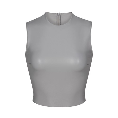 SKIMS Faux Leder Crew Neck Cropped Top Carbon | 1905-AWTUH