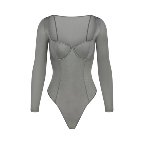 SKIMS Glissenette Long Sleeve Bodysuit Thunder | 8571-SAVGB