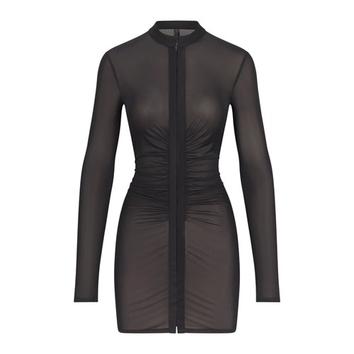 SKIMS Mesh Long Sleeve Ruched Kleider Onyx | 8765-ZTIXA